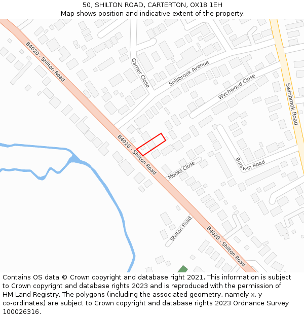 50, SHILTON ROAD, CARTERTON, OX18 1EH: Location map and indicative extent of plot