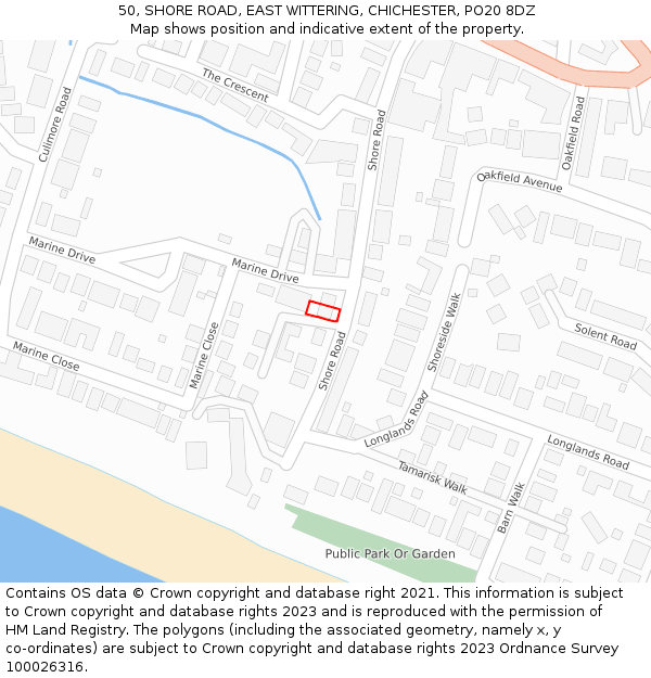 50, SHORE ROAD, EAST WITTERING, CHICHESTER, PO20 8DZ: Location map and indicative extent of plot