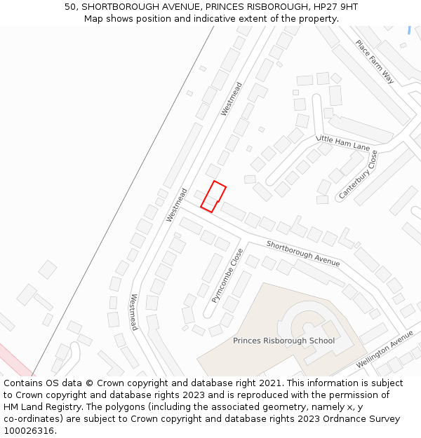 50, SHORTBOROUGH AVENUE, PRINCES RISBOROUGH, HP27 9HT: Location map and indicative extent of plot