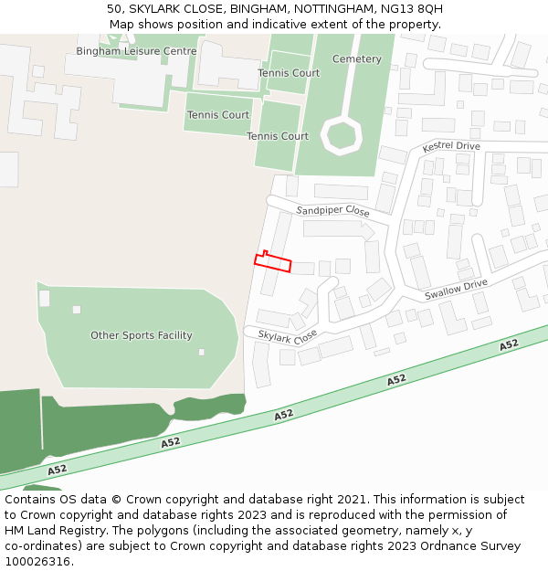 50, SKYLARK CLOSE, BINGHAM, NOTTINGHAM, NG13 8QH: Location map and indicative extent of plot