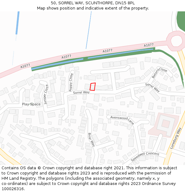 50, SORREL WAY, SCUNTHORPE, DN15 8PL: Location map and indicative extent of plot