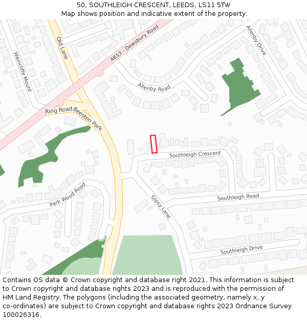 50, SOUTHLEIGH CRESCENT, LEEDS, LS11 5TW: Location map and indicative extent of plot