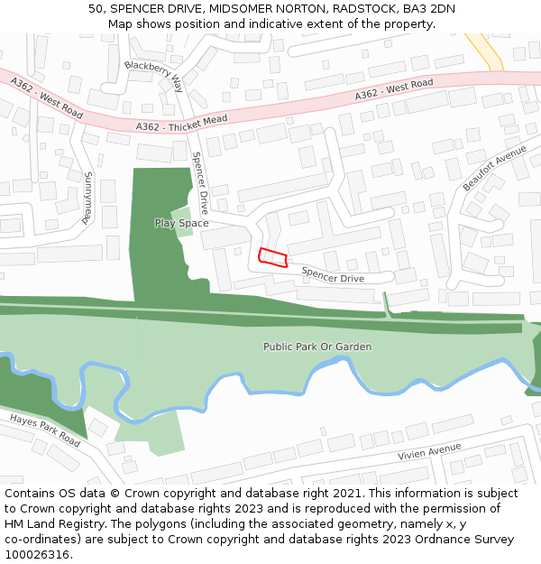 50, SPENCER DRIVE, MIDSOMER NORTON, RADSTOCK, BA3 2DN: Location map and indicative extent of plot