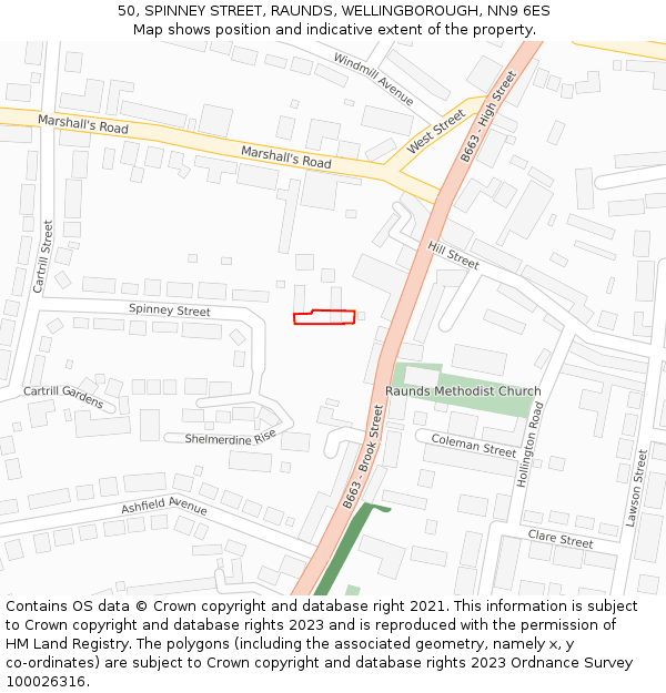 50, SPINNEY STREET, RAUNDS, WELLINGBOROUGH, NN9 6ES: Location map and indicative extent of plot