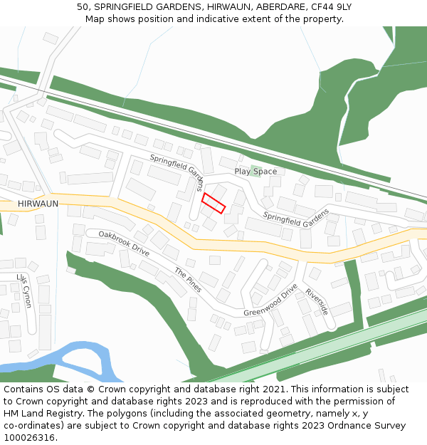 50, SPRINGFIELD GARDENS, HIRWAUN, ABERDARE, CF44 9LY: Location map and indicative extent of plot