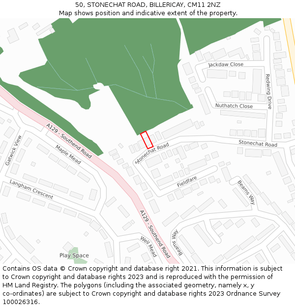 50, STONECHAT ROAD, BILLERICAY, CM11 2NZ: Location map and indicative extent of plot