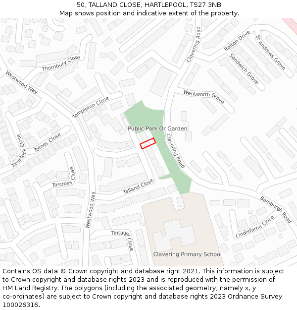 50, TALLAND CLOSE, HARTLEPOOL, TS27 3NB: Location map and indicative extent of plot
