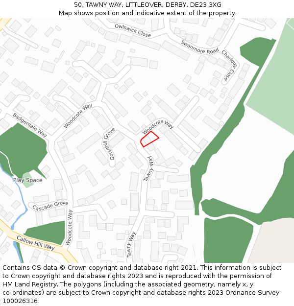 50, TAWNY WAY, LITTLEOVER, DERBY, DE23 3XG: Location map and indicative extent of plot