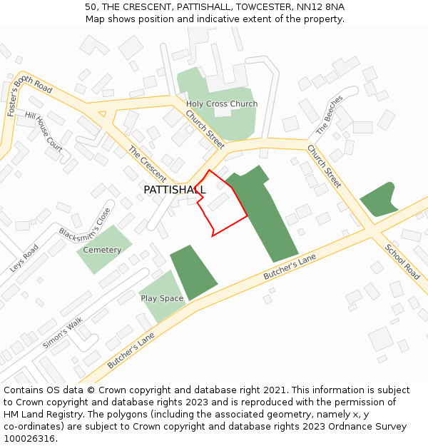 50, THE CRESCENT, PATTISHALL, TOWCESTER, NN12 8NA: Location map and indicative extent of plot