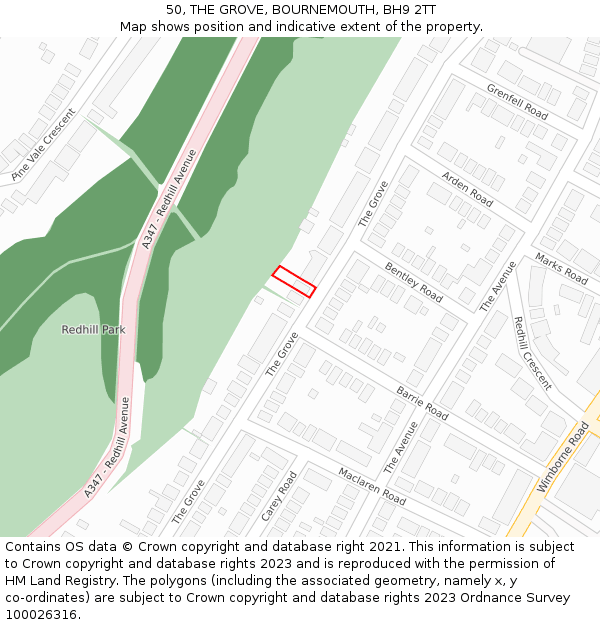 50, THE GROVE, BOURNEMOUTH, BH9 2TT: Location map and indicative extent of plot