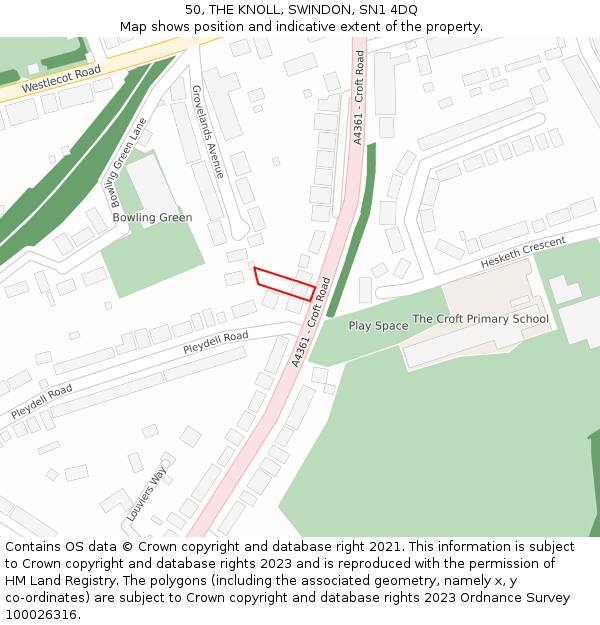 50, THE KNOLL, SWINDON, SN1 4DQ: Location map and indicative extent of plot