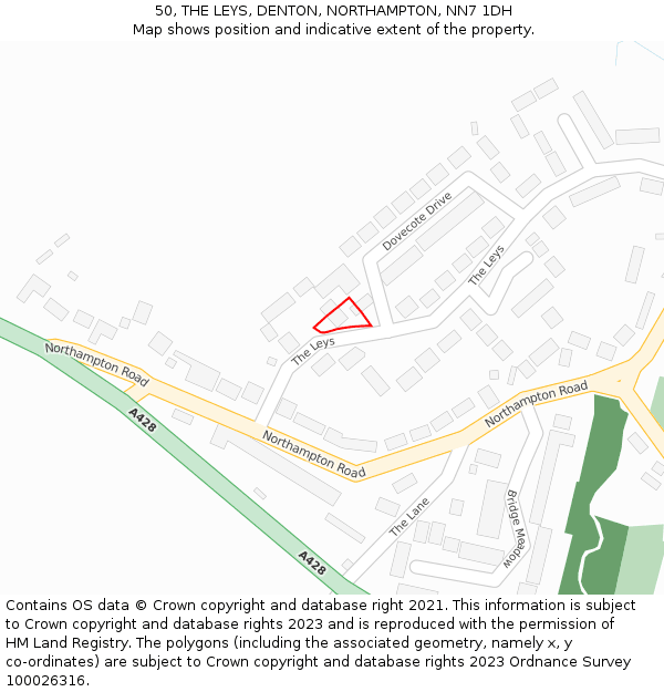 50, THE LEYS, DENTON, NORTHAMPTON, NN7 1DH: Location map and indicative extent of plot