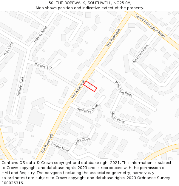 50, THE ROPEWALK, SOUTHWELL, NG25 0AJ: Location map and indicative extent of plot