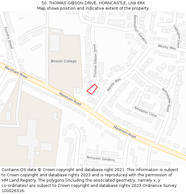 50, THOMAS GIBSON DRIVE, HORNCASTLE, LN9 6RX: Location map and indicative extent of plot
