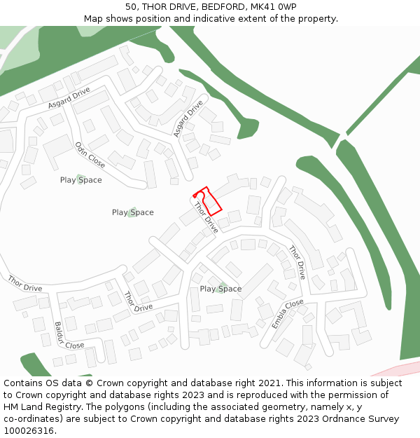 50, THOR DRIVE, BEDFORD, MK41 0WP: Location map and indicative extent of plot