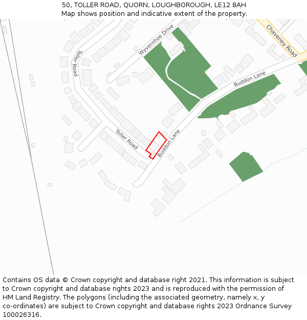 50, TOLLER ROAD, QUORN, LOUGHBOROUGH, LE12 8AH: Location map and indicative extent of plot