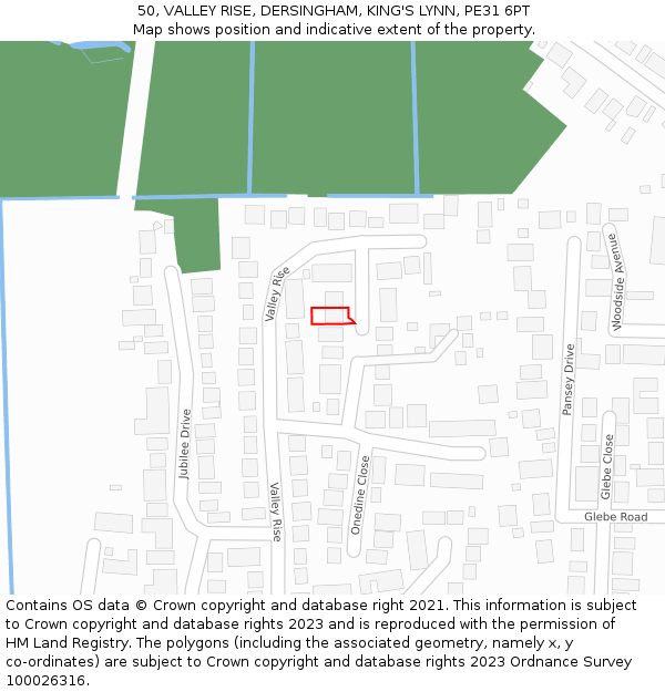 50, VALLEY RISE, DERSINGHAM, KING'S LYNN, PE31 6PT: Location map and indicative extent of plot