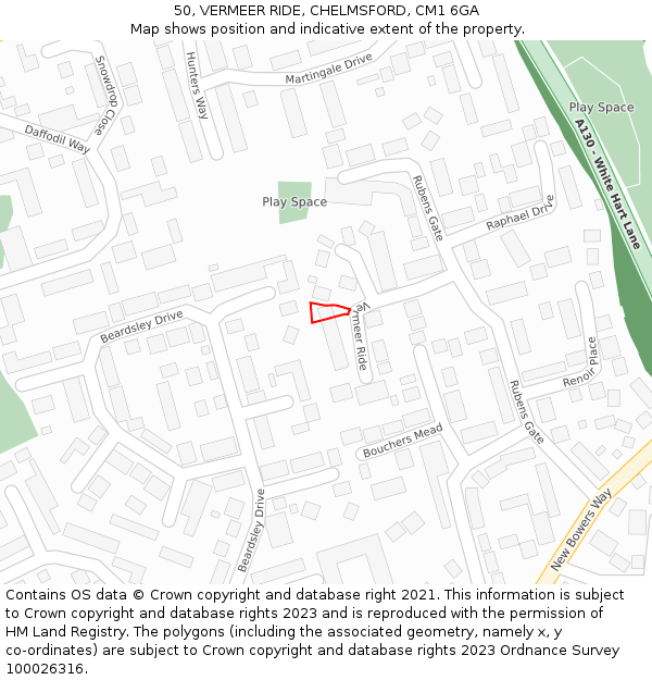 50, VERMEER RIDE, CHELMSFORD, CM1 6GA: Location map and indicative extent of plot