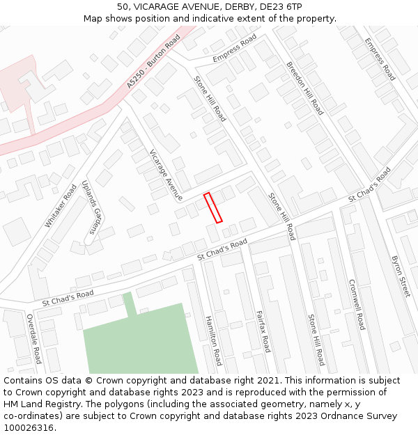 50, VICARAGE AVENUE, DERBY, DE23 6TP: Location map and indicative extent of plot