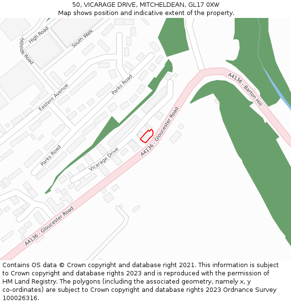 50, VICARAGE DRIVE, MITCHELDEAN, GL17 0XW: Location map and indicative extent of plot