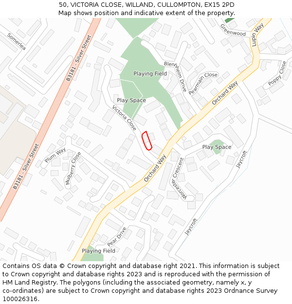 50, VICTORIA CLOSE, WILLAND, CULLOMPTON, EX15 2PD: Location map and indicative extent of plot