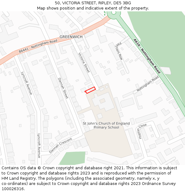 50, VICTORIA STREET, RIPLEY, DE5 3BG: Location map and indicative extent of plot