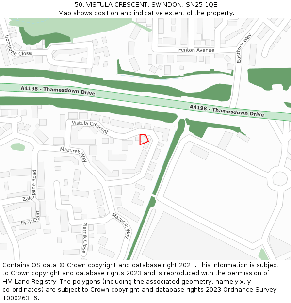 50, VISTULA CRESCENT, SWINDON, SN25 1QE: Location map and indicative extent of plot