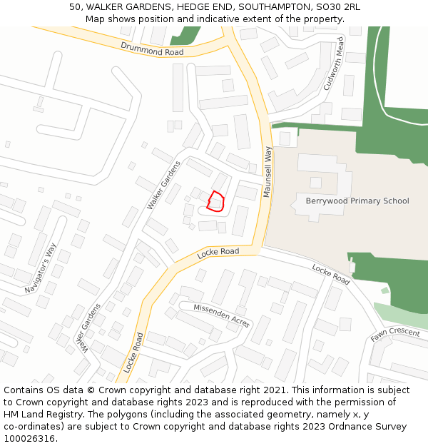 50, WALKER GARDENS, HEDGE END, SOUTHAMPTON, SO30 2RL: Location map and indicative extent of plot