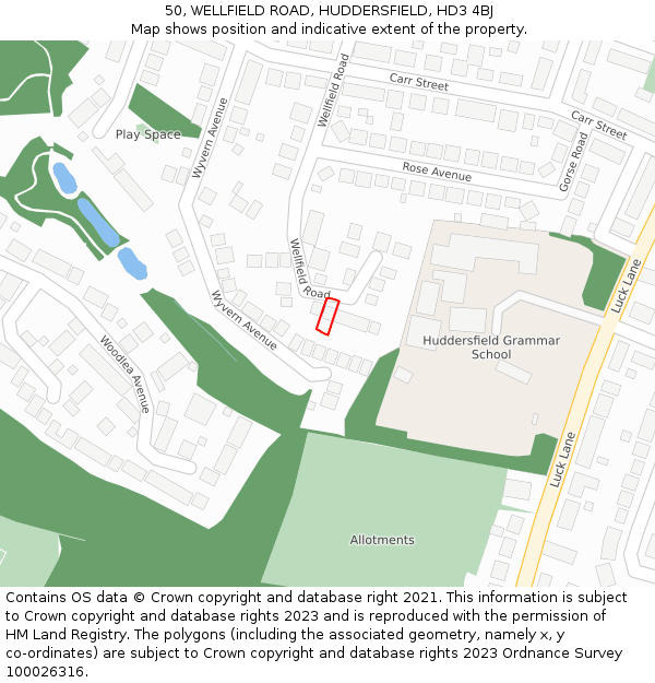 50, WELLFIELD ROAD, HUDDERSFIELD, HD3 4BJ: Location map and indicative extent of plot