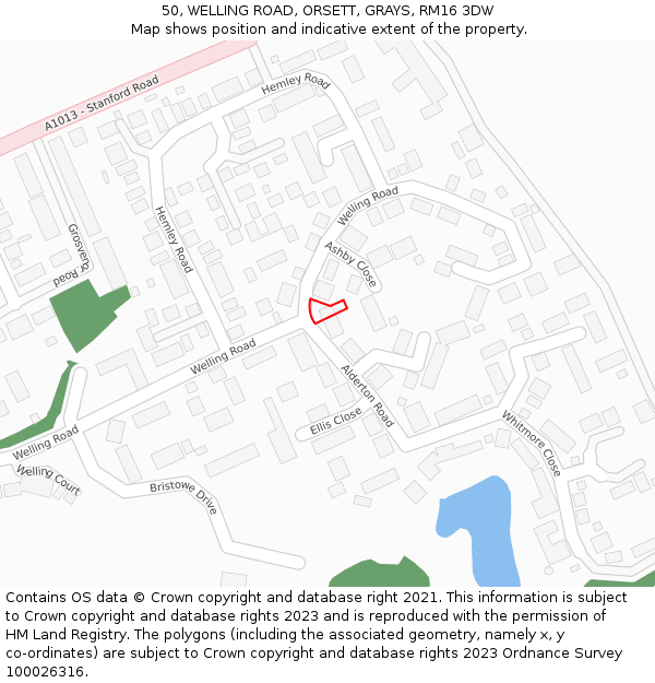50, WELLING ROAD, ORSETT, GRAYS, RM16 3DW: Location map and indicative extent of plot