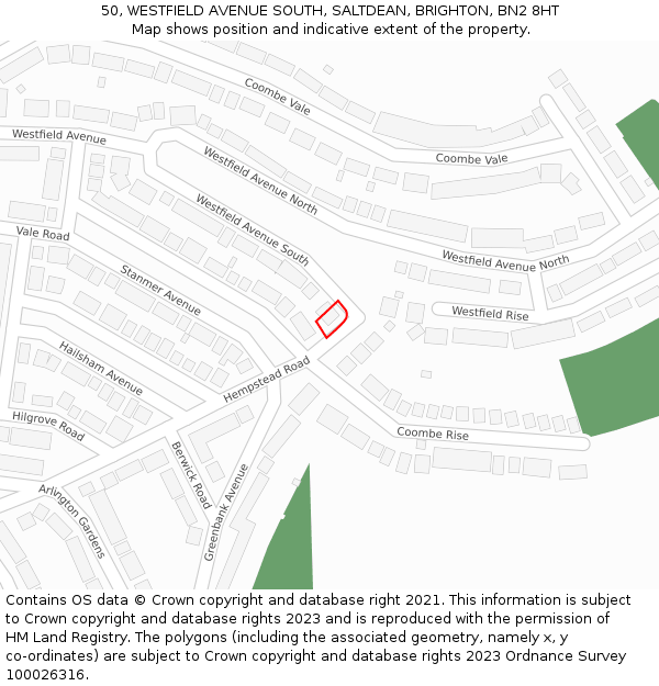 50, WESTFIELD AVENUE SOUTH, SALTDEAN, BRIGHTON, BN2 8HT: Location map and indicative extent of plot