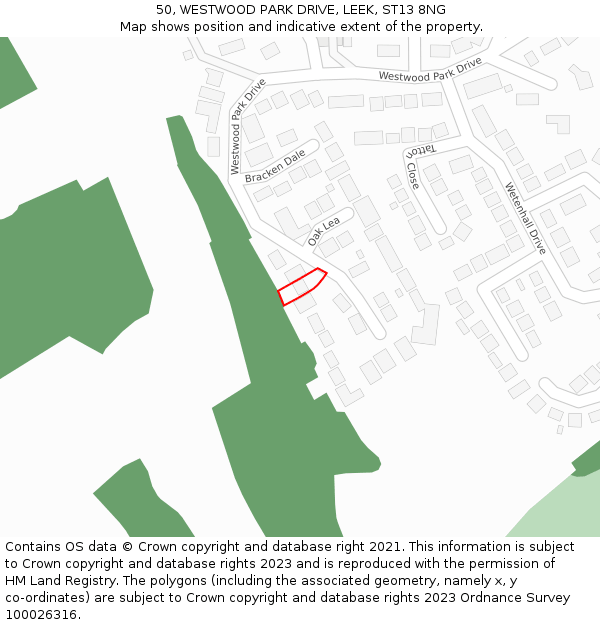 50, WESTWOOD PARK DRIVE, LEEK, ST13 8NG: Location map and indicative extent of plot