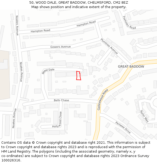 50, WOOD DALE, GREAT BADDOW, CHELMSFORD, CM2 8EZ: Location map and indicative extent of plot