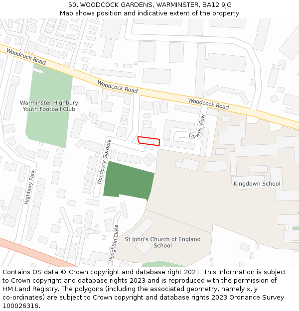 50, WOODCOCK GARDENS, WARMINSTER, BA12 9JG: Location map and indicative extent of plot