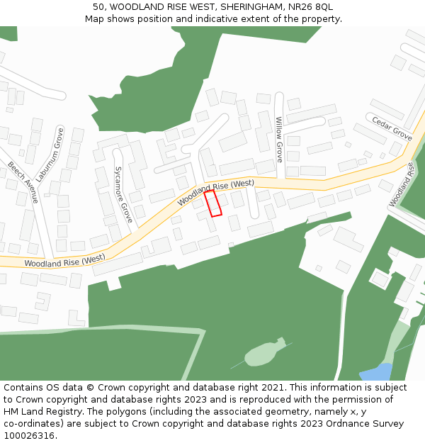 50, WOODLAND RISE WEST, SHERINGHAM, NR26 8QL: Location map and indicative extent of plot