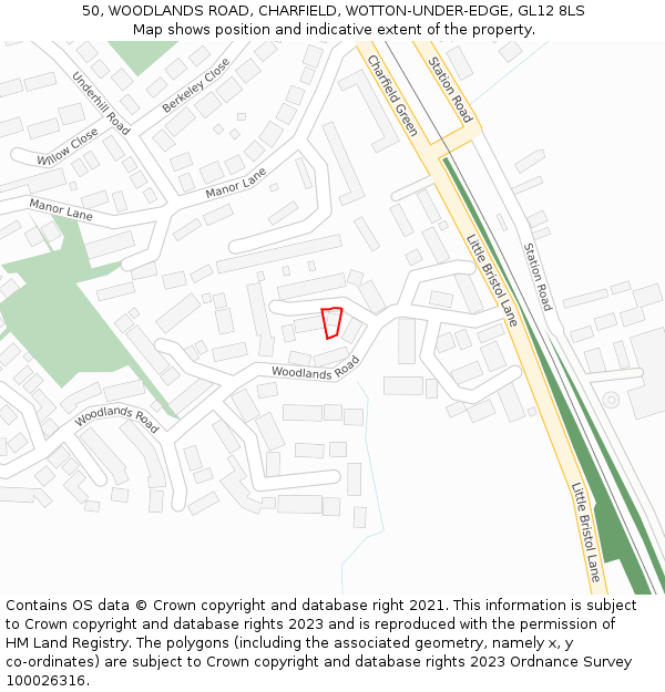 50, WOODLANDS ROAD, CHARFIELD, WOTTON-UNDER-EDGE, GL12 8LS: Location map and indicative extent of plot