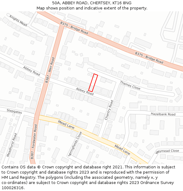 50A, ABBEY ROAD, CHERTSEY, KT16 8NG: Location map and indicative extent of plot