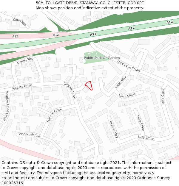 50A, TOLLGATE DRIVE, STANWAY, COLCHESTER, CO3 0PF: Location map and indicative extent of plot