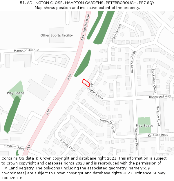 51, ADLINGTON CLOSE, HAMPTON GARDENS, PETERBOROUGH, PE7 8QY: Location map and indicative extent of plot