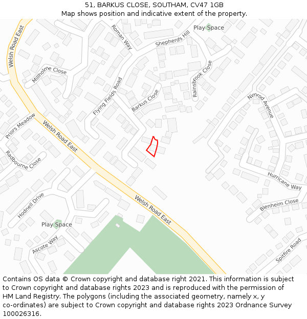 51, BARKUS CLOSE, SOUTHAM, CV47 1GB: Location map and indicative extent of plot