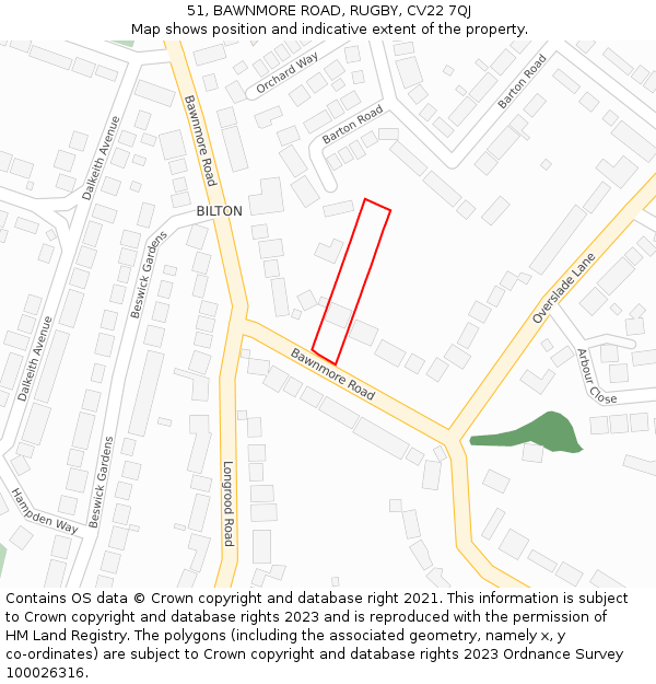 51, BAWNMORE ROAD, RUGBY, CV22 7QJ: Location map and indicative extent of plot