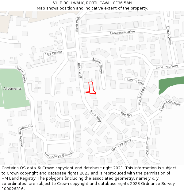 51, BIRCH WALK, PORTHCAWL, CF36 5AN: Location map and indicative extent of plot