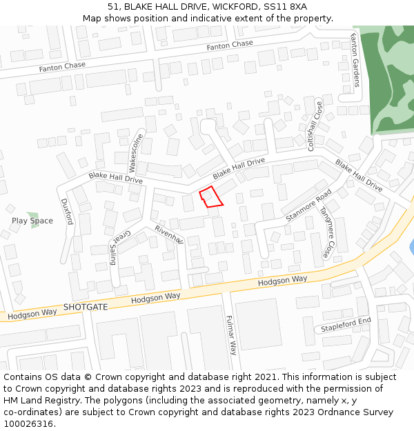 51, BLAKE HALL DRIVE, WICKFORD, SS11 8XA: Location map and indicative extent of plot