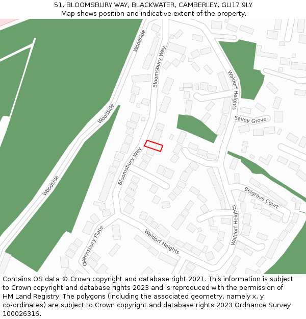 51, BLOOMSBURY WAY, BLACKWATER, CAMBERLEY, GU17 9LY: Location map and indicative extent of plot