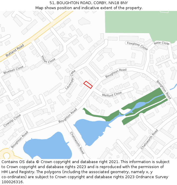 51, BOUGHTON ROAD, CORBY, NN18 8NY: Location map and indicative extent of plot