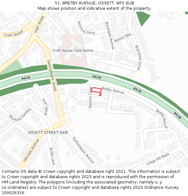 51, BRETBY AVENUE, OSSETT, WF5 9UB: Location map and indicative extent of plot
