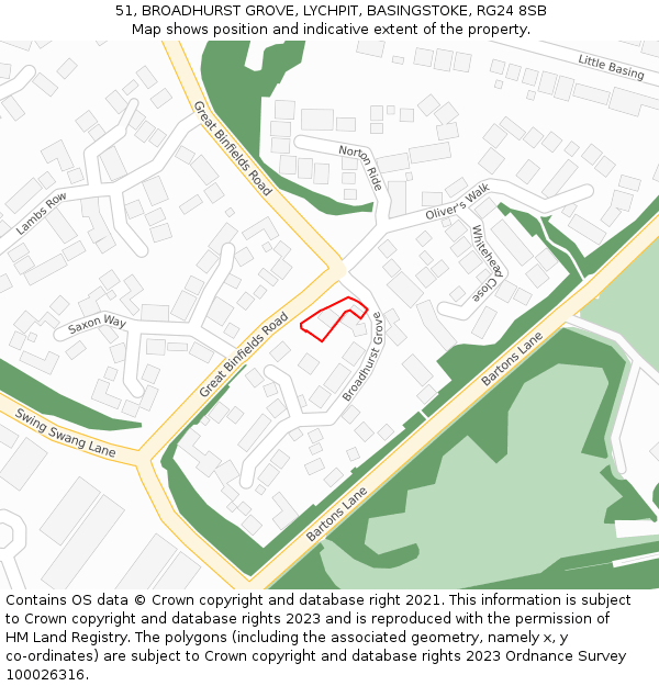51, BROADHURST GROVE, LYCHPIT, BASINGSTOKE, RG24 8SB: Location map and indicative extent of plot