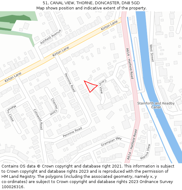 51, CANAL VIEW, THORNE, DONCASTER, DN8 5GD: Location map and indicative extent of plot