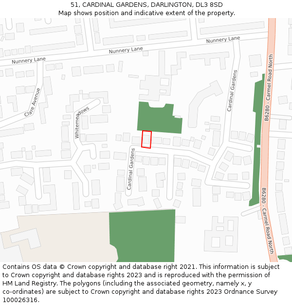 51, CARDINAL GARDENS, DARLINGTON, DL3 8SD: Location map and indicative extent of plot