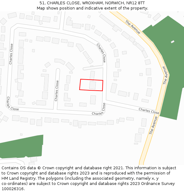 51, CHARLES CLOSE, WROXHAM, NORWICH, NR12 8TT: Location map and indicative extent of plot